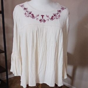 NWOT- True Craft Cream Boho Blouse with Red Embroidery